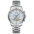 Men's silver stainless steel automatic watch with perpetual calendar function and sapphire crystal glass