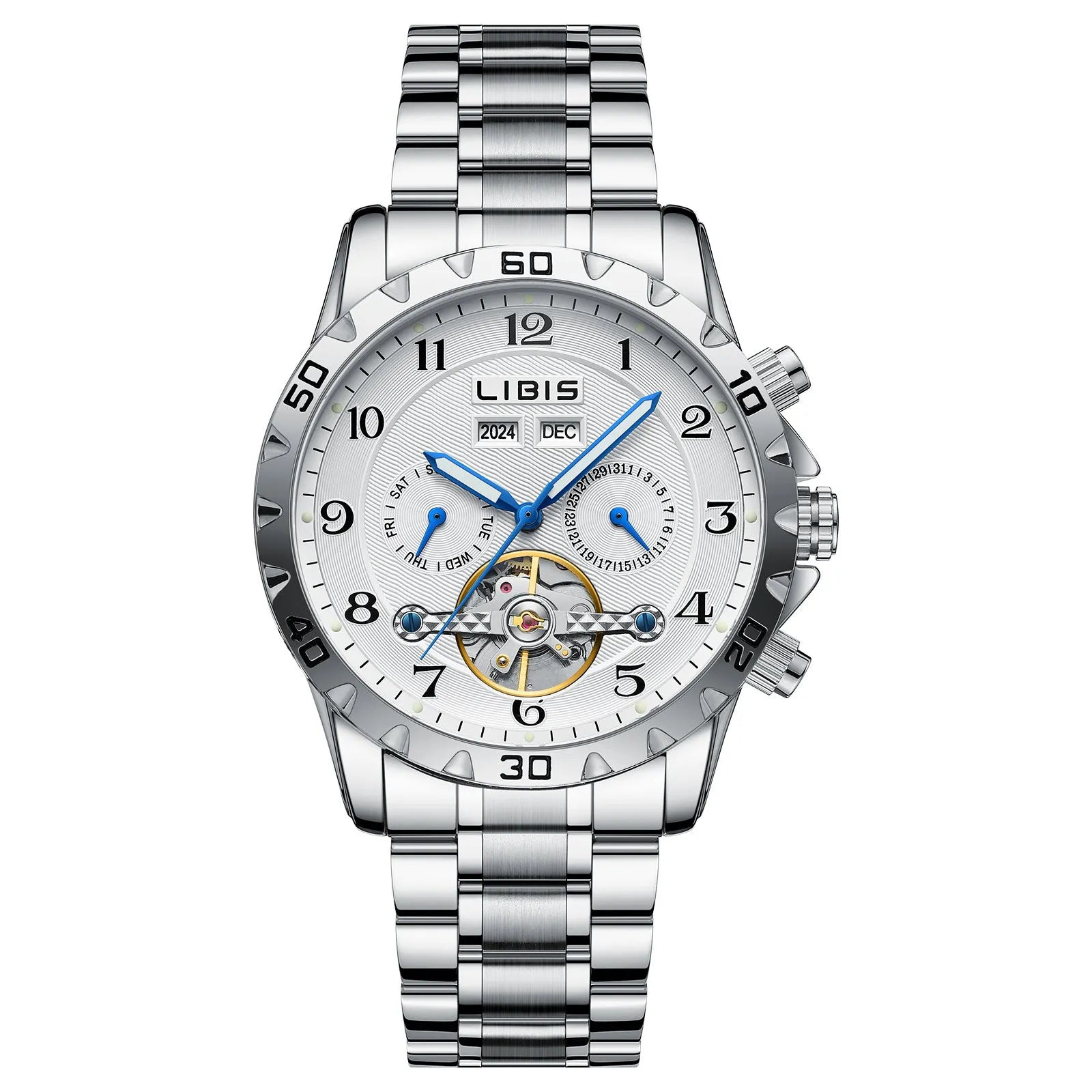 Men's silver stainless steel automatic watch with perpetual calendar function and sapphire crystal glass