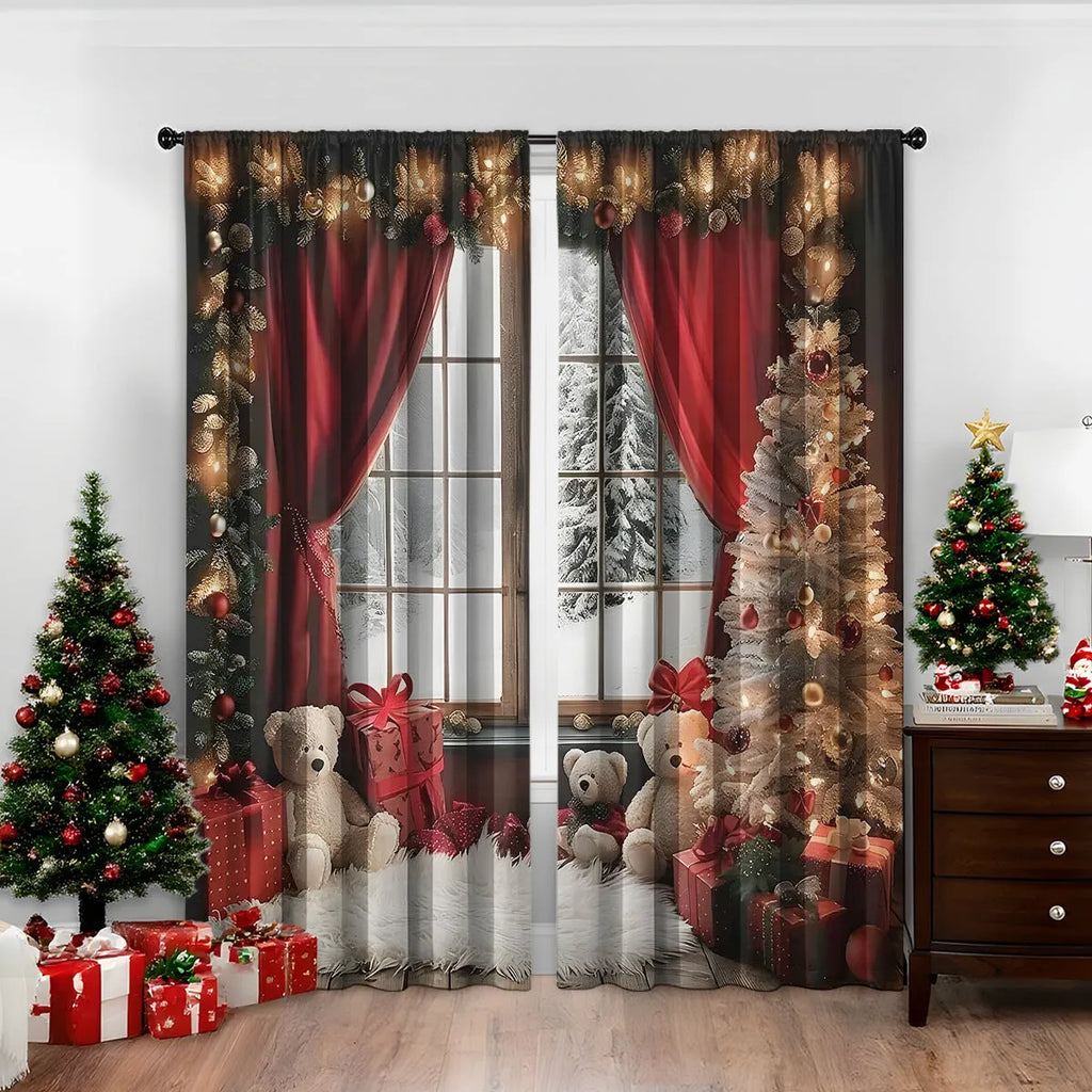A pair of 3D digitally printed Christmas theme curtains hanging on a window, showcasing one of fifteen available European colour and pattern styles.