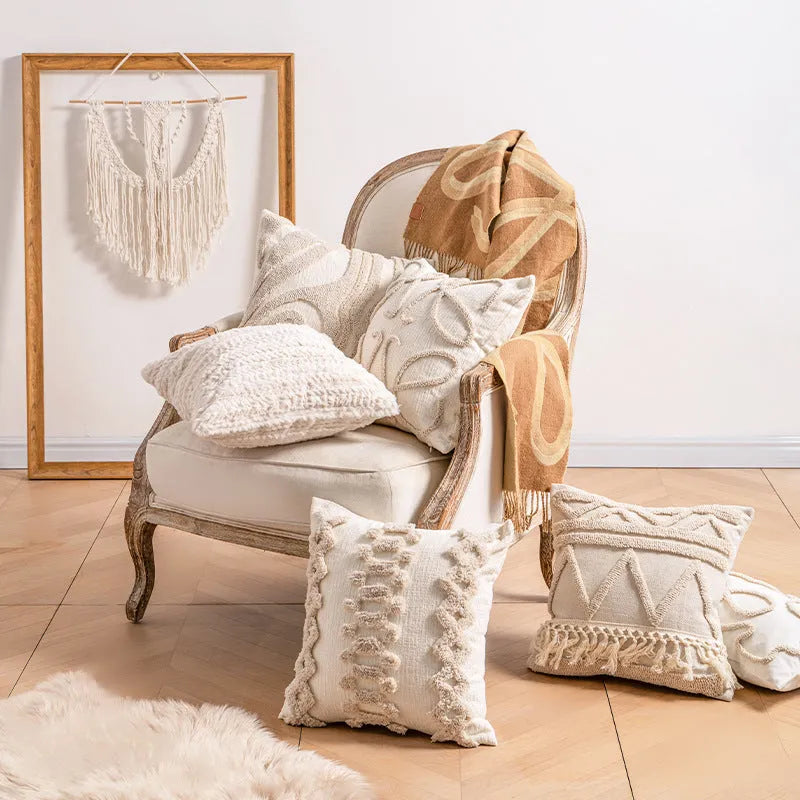 Knitted striped pillow cover with decorative tassel edging in a choice of six patterns.