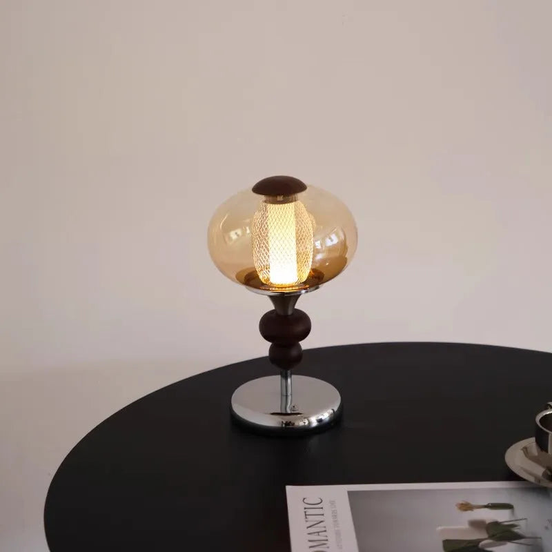 Solid wood retro palace-style table lamp with touch control panel showing three lighting colour options