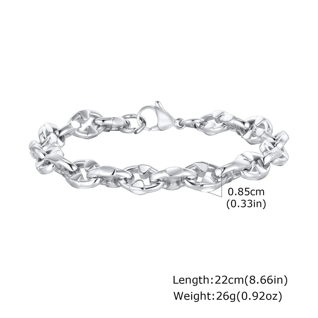 Handmade thick stainless steel chain bracelet with geometric links and a clasp, shown in a steel colour.