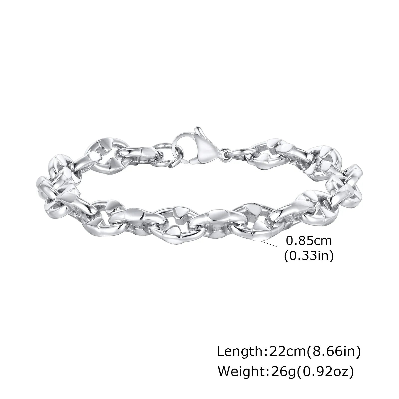 Handmade thick stainless steel chain bracelet with geometric links and a clasp, shown in a steel colour.