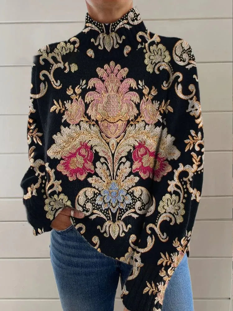 Women's black 3D pattern printed turtleneck sweater with loose Japanese Korean casual styling