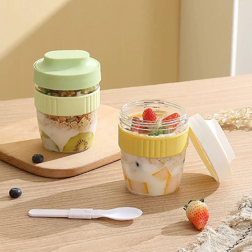 Plastic breakfast salad cup with lid and spoon in green, purple, pink or white colour