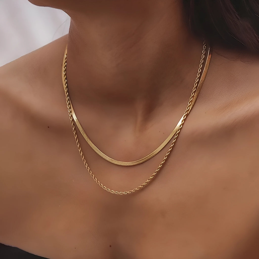 Women's retro double-layer twist necklace with geometric pendant on snake bones chain