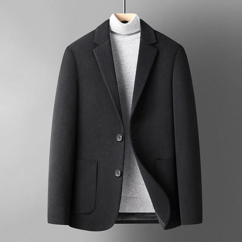 Men's slim fit wool blend jacket in grey, shown with polyester lining and suit-style cut for autumn wear