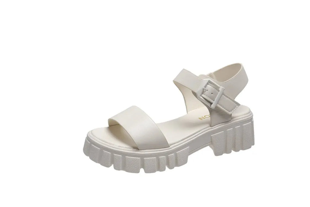 Women's beige peep toe platform sandals with ankle-strap buckle and fish mouth toe design