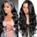 Black lace chemical fibre wig with big wave style showing size options from 16 to 32 inches
