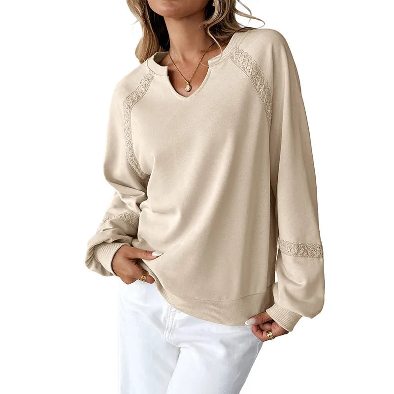 Women's solid colour loose fit long sleeve sweater with half-open collar and lace stitching detail