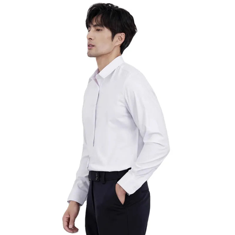 Men's wine red slim fit shirt with cardigan-style collar and long sleeves.