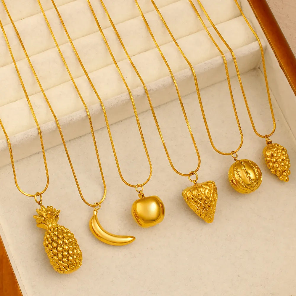 Stainless steel fruit pendant necklace showing six different fruit designs on regular chain