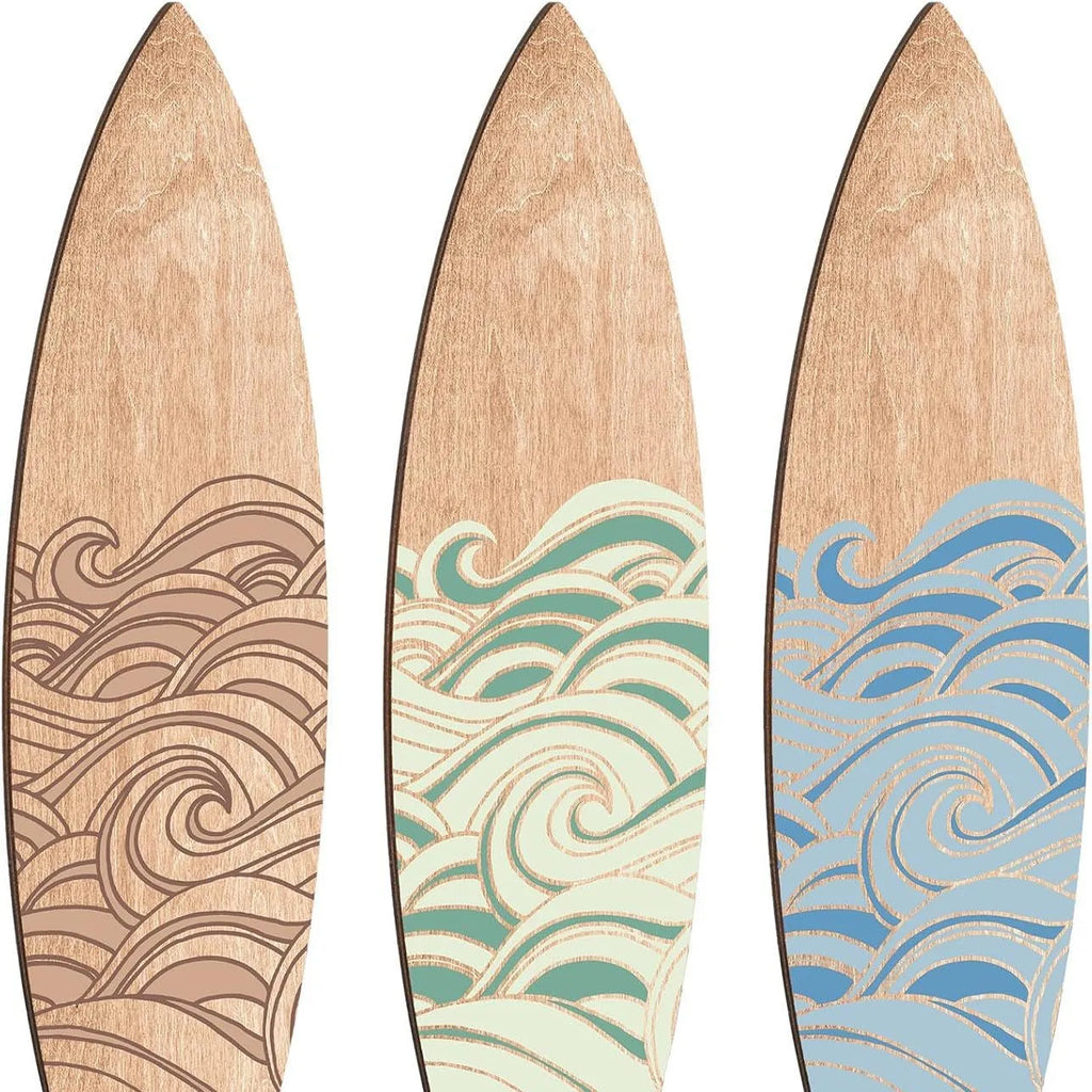 Three identical wooden surfboard-shaped wall decorations made from boxwood, shown against a plain background.