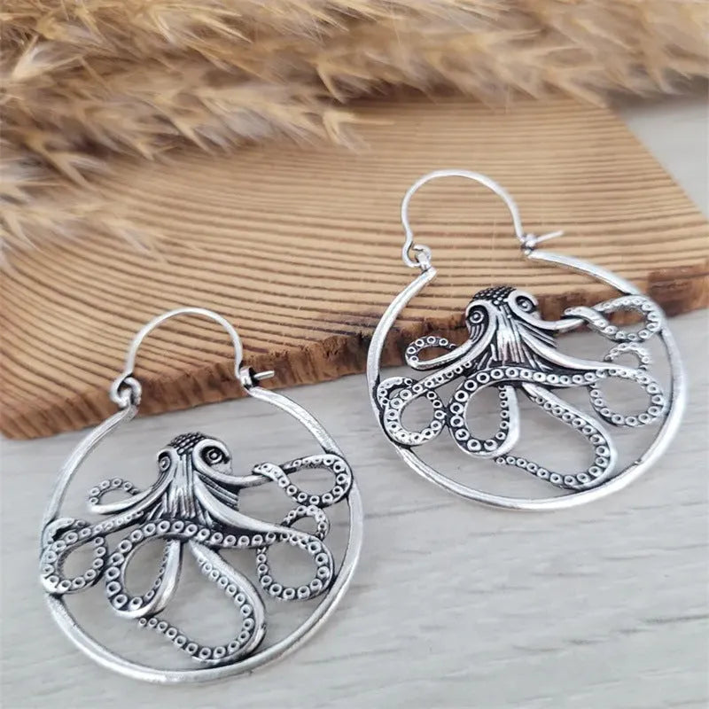 Vintage octopus earrings in antique silver finish, zinc alloy costume jewellery with animal zodiac design