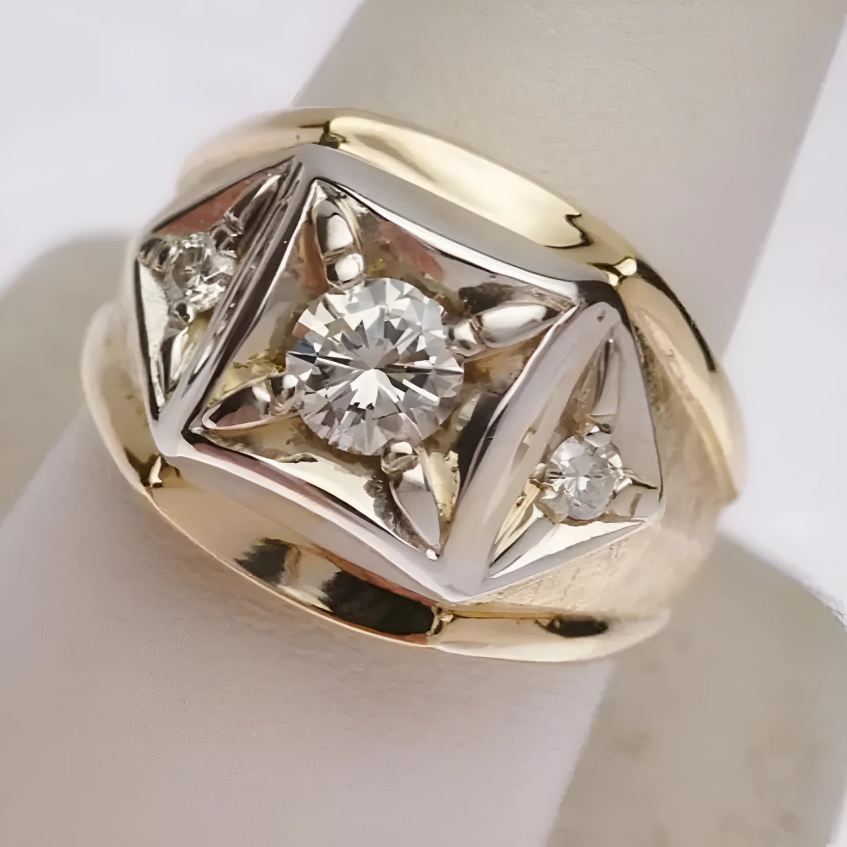 Gold geometric hollow design copper couple rings with a chamfered square pattern.