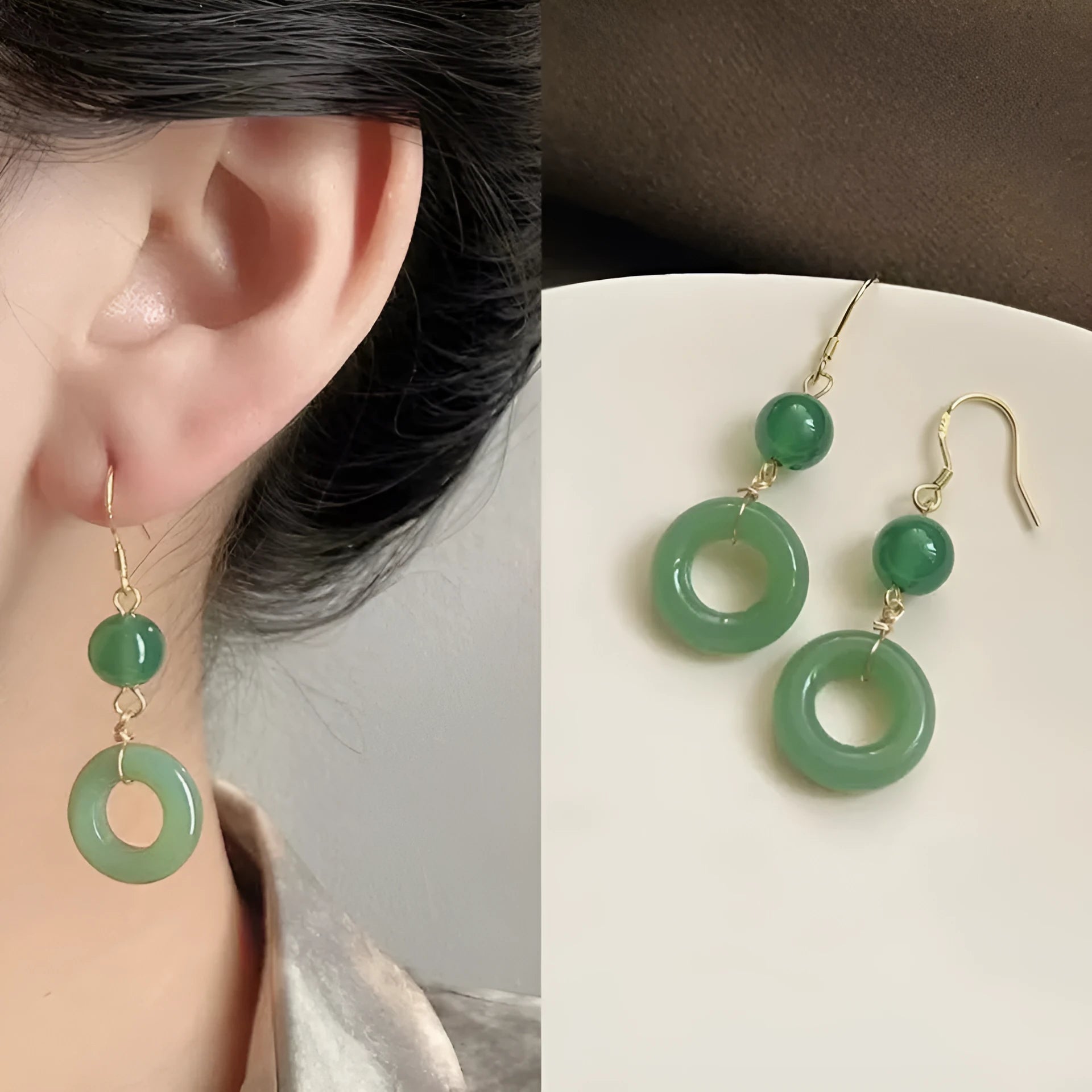 Green jade design geometric peace buckle earrings for Chinese traditional clothing