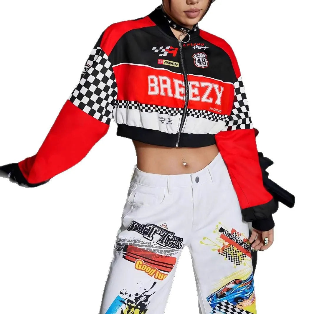 Women's loose geometric print jacket in multiple colour options showing front zipper and long sleeves