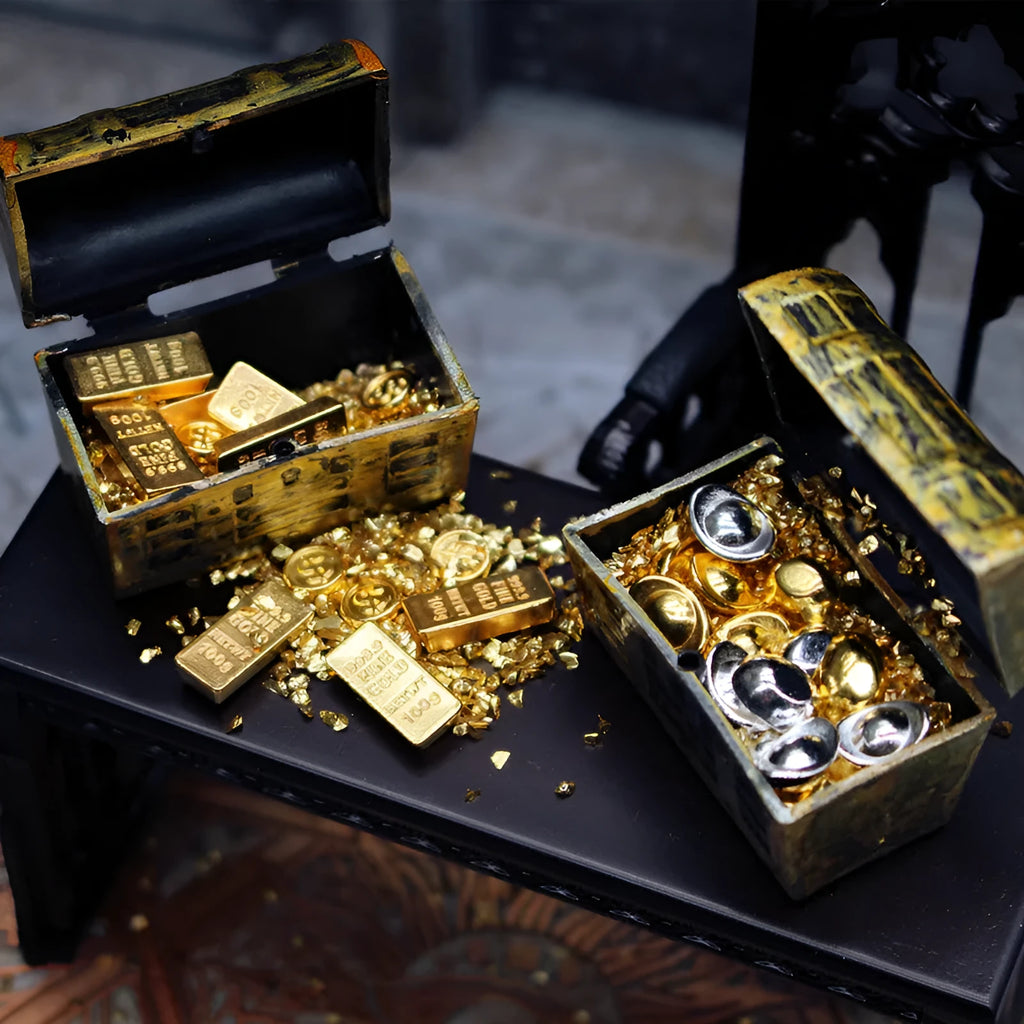 Alloy treasure box doll house accessory with gold coins and bars for miniature displays