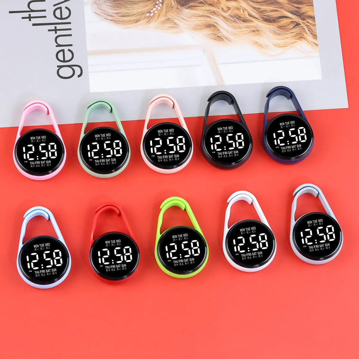 Digital LED electronic watch with luminous display and plastic strap in multiple colour options.