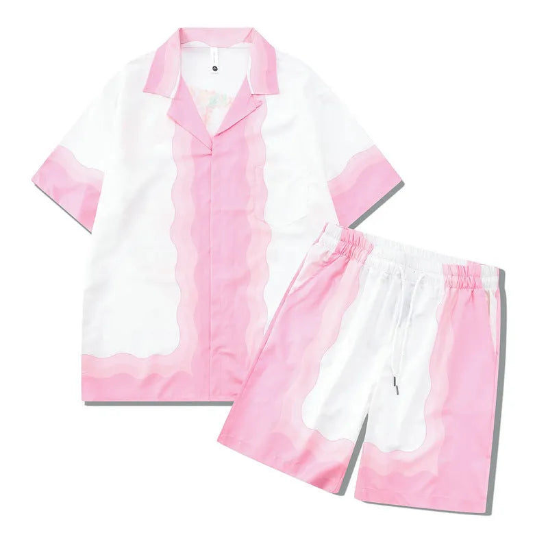Plaid print beach outfit with short sleeve shirt and matching trousers on a mannequin