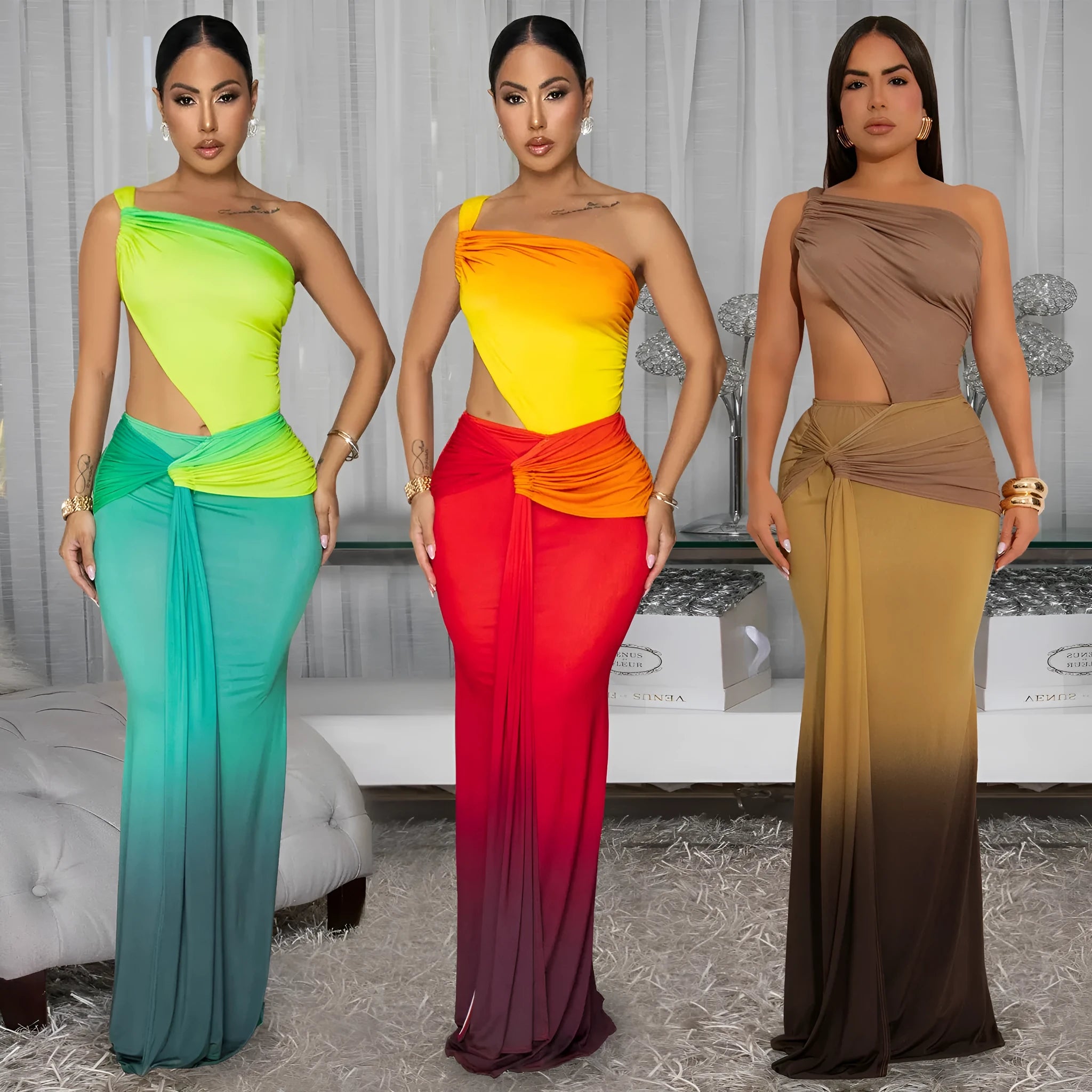 Women's gradient colour cross-shoulder long summer dress on a model, showing the oblique shoulder and one-step skirt design.