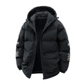 Men's black padded hooded coat with side pockets and Korean cardigan style