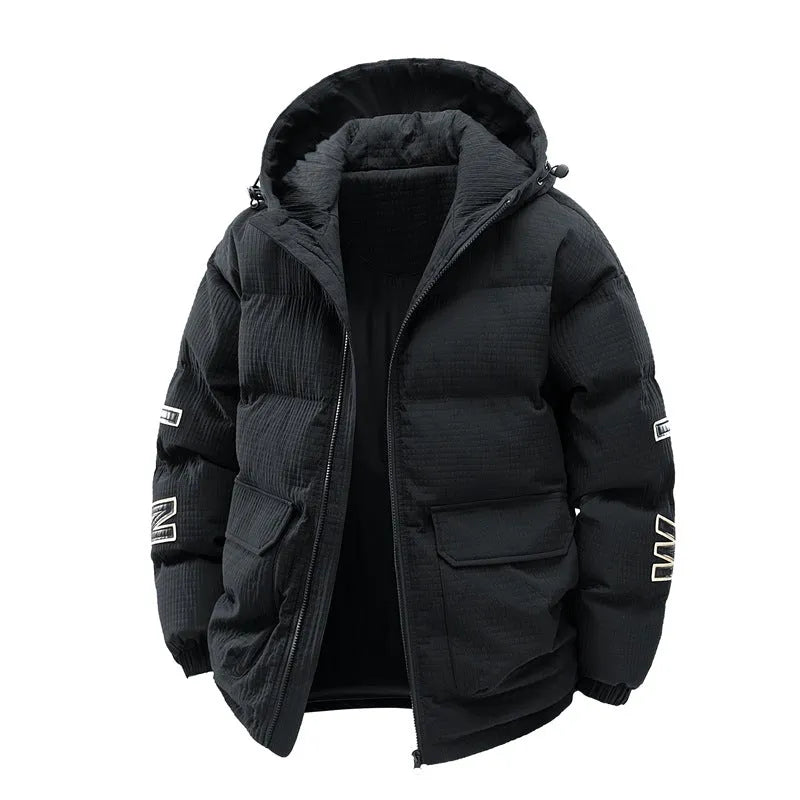 Men's black padded hooded coat with side pockets and Korean cardigan style