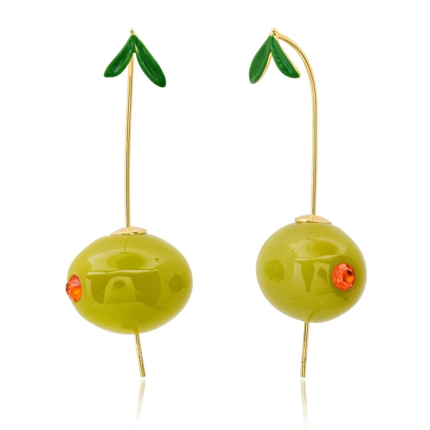Gold plated fruit and vegetable design earrings showing carrot, orange and blueberry styles