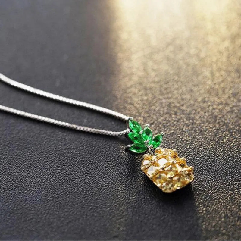 Silver plated geometric pineapple diamond necklace for women with copper white gold plating.