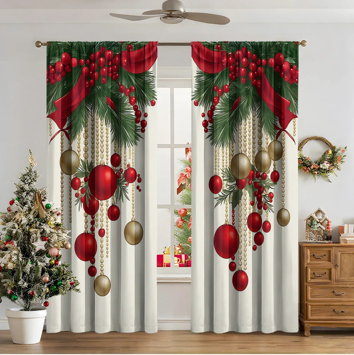 Pair of 3D digitally printed modern Christmas curtains hanging on a window.