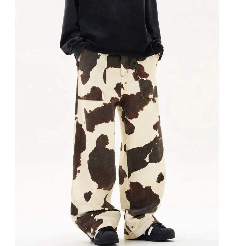 Men's straight-leg trousers with American retro cows pattern showing button-fly opening and straight-leg design