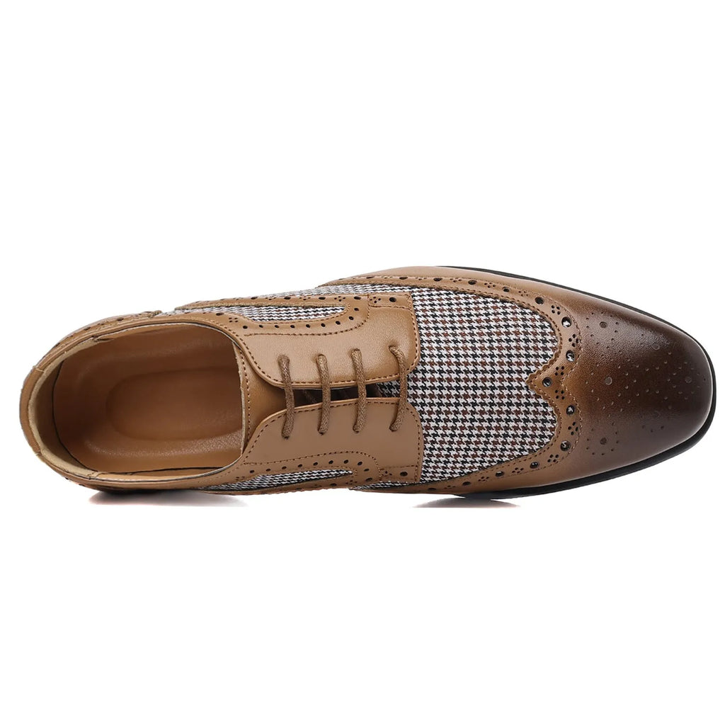 Men's black and white houndstooth plaid casual lace-up shoes with a square toe and rubber sole.