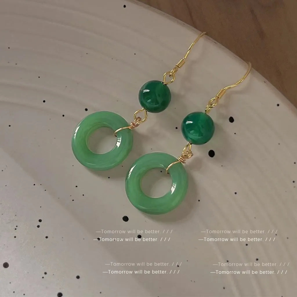 Green jade design geometric peace buckle earrings for Chinese traditional clothing