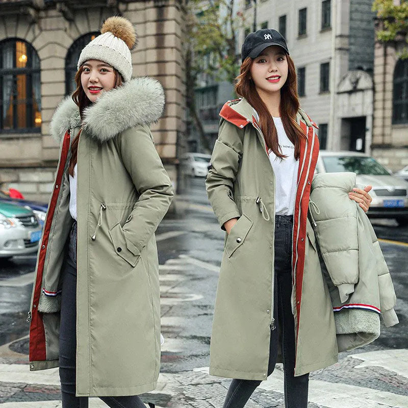 Women's long cotton-padded fleece trench coat in extended 100cm length with down cotton filler