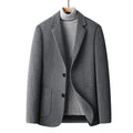 Men's slim fit wool blend jacket in grey, shown with polyester lining and suit-style cut for autumn wear