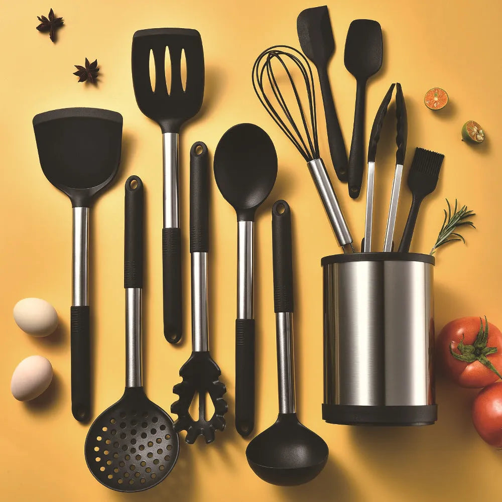 12-piece silicone kitchenware set with rotating storage bucket in black, including spatula, spoons and cooking utensils