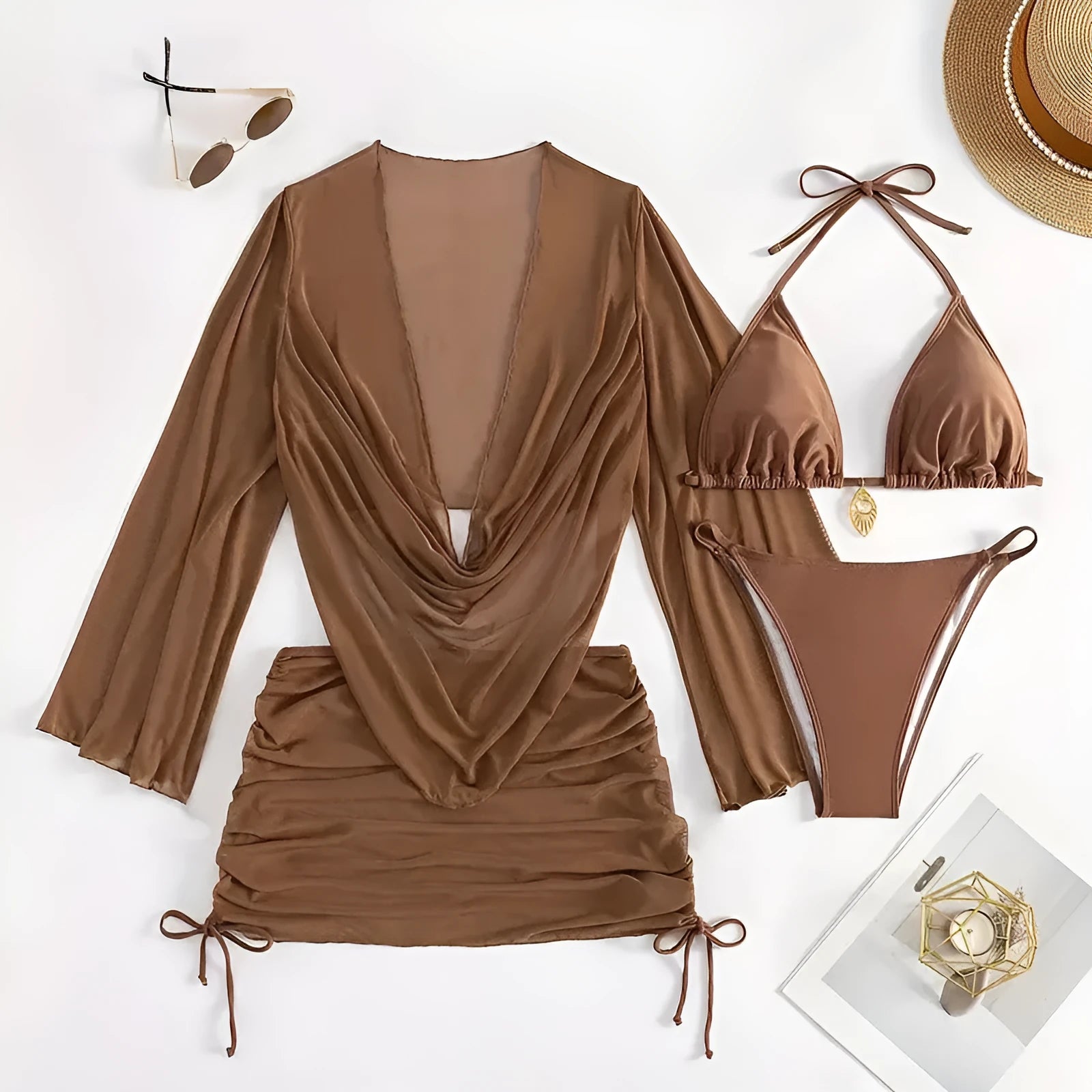 Dark brown women's lace-up bikini set on a mannequin, showing backless design