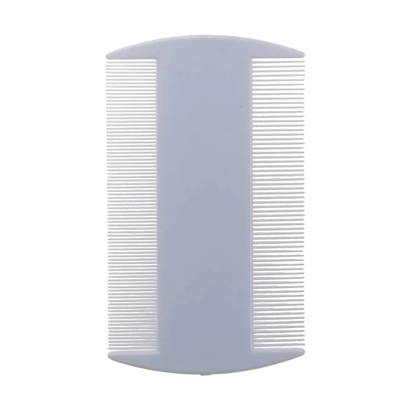 Double-edged plastic fine-toothed flea comb in various colours on a white background.