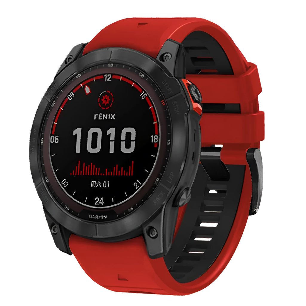 Two-tone quick release silicone watch strap for Garmin Fenix smartwatch on a grey background.