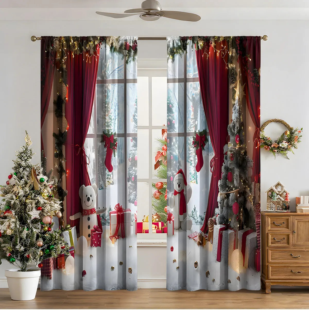 Pair of 3D digitally printed modern Christmas curtains hanging on a window.