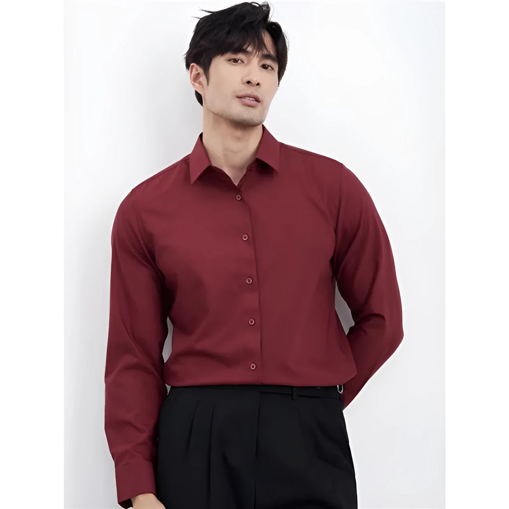 Men's wine red slim fit shirt with cardigan-style collar and long sleeves.