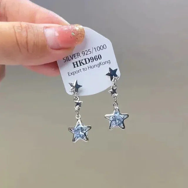 Geometric heart-shaped women's ear clip with star rhinestone tassel detail in electroplated alloy