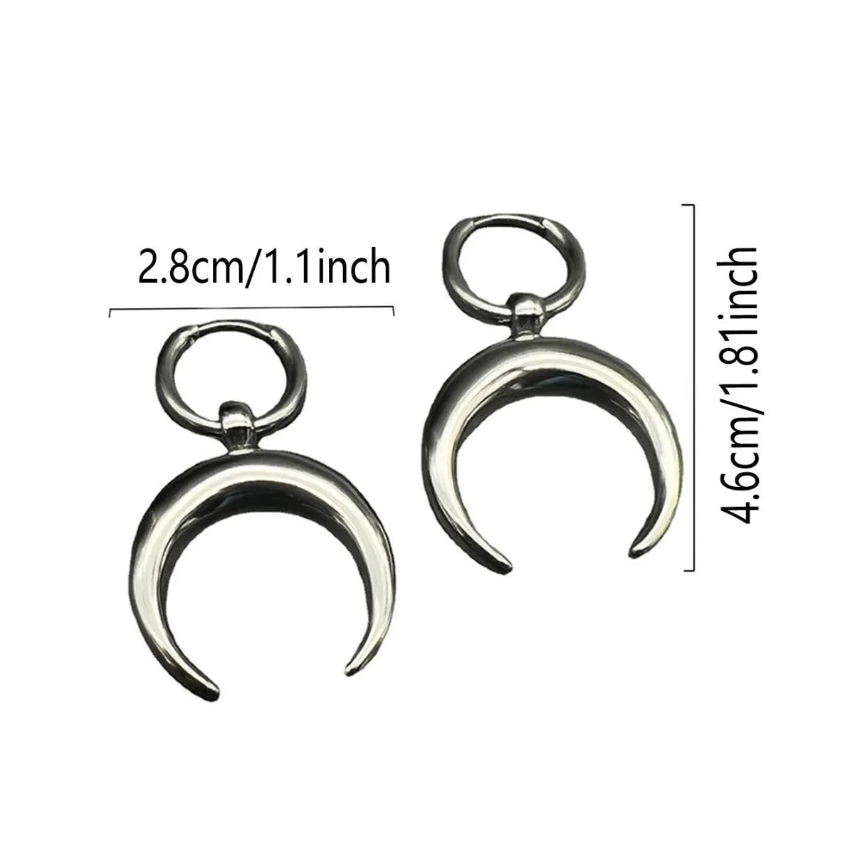 Silver gothic moon hoop earrings with geometric punk design and ear clip fastening