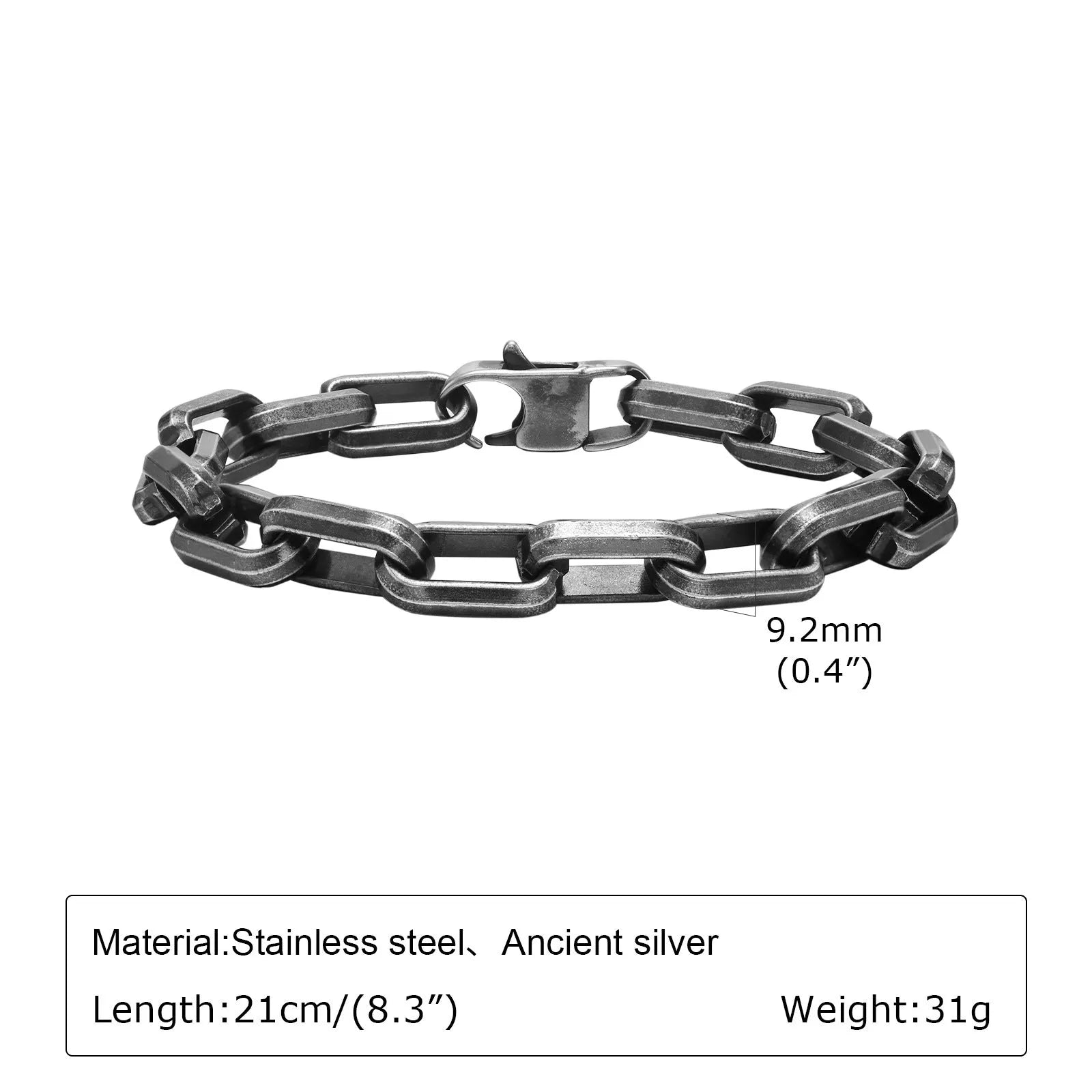 Titanium steel men's bracelet with square chain links in steel, gold, black, or retro finish.