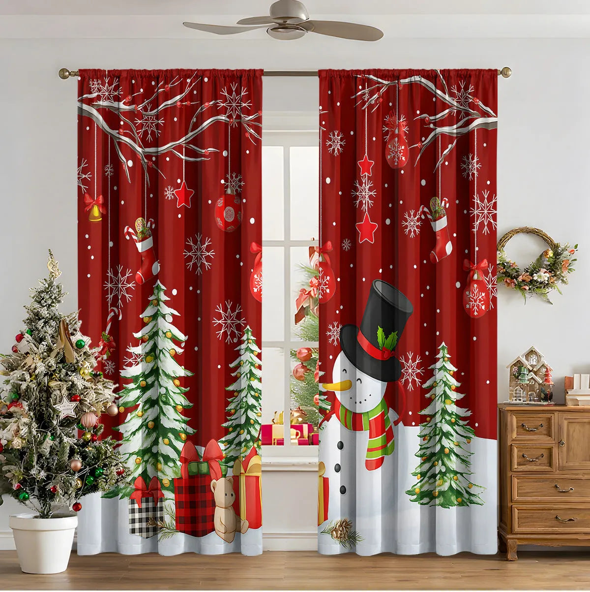Pair of 3D digitally printed modern Christmas curtains hanging on a window.