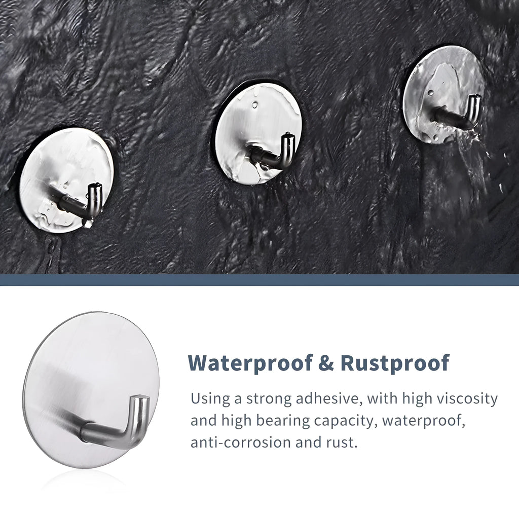 Two round stainless steel self-adhesive wall hooks, one black and one polished, on a white background.