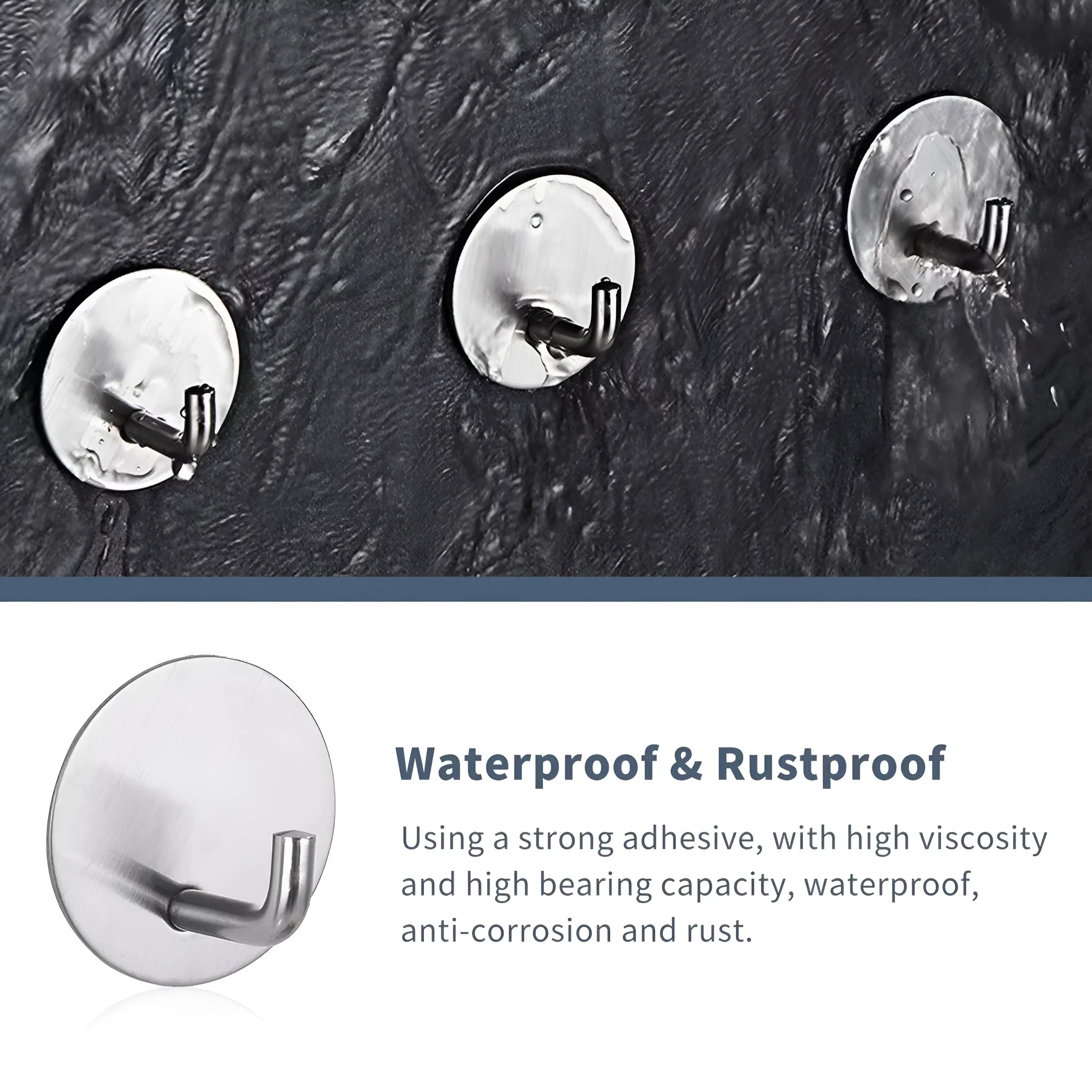 Two round stainless steel self-adhesive wall hooks, one black and one polished, on a white background.