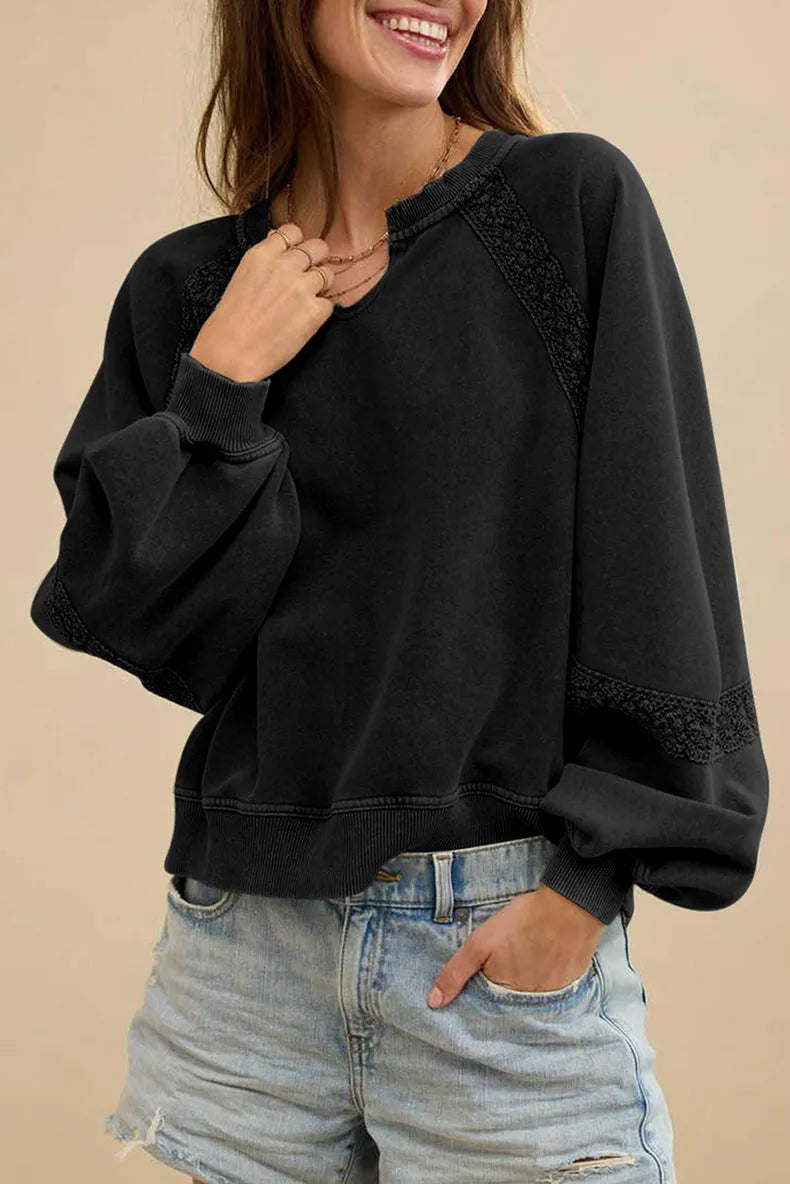 Women's solid colour loose fit long sleeve sweater with half-open collar and lace stitching detail