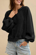 Women's solid colour loose fit long sleeve sweater with half-open collar and lace stitching detail