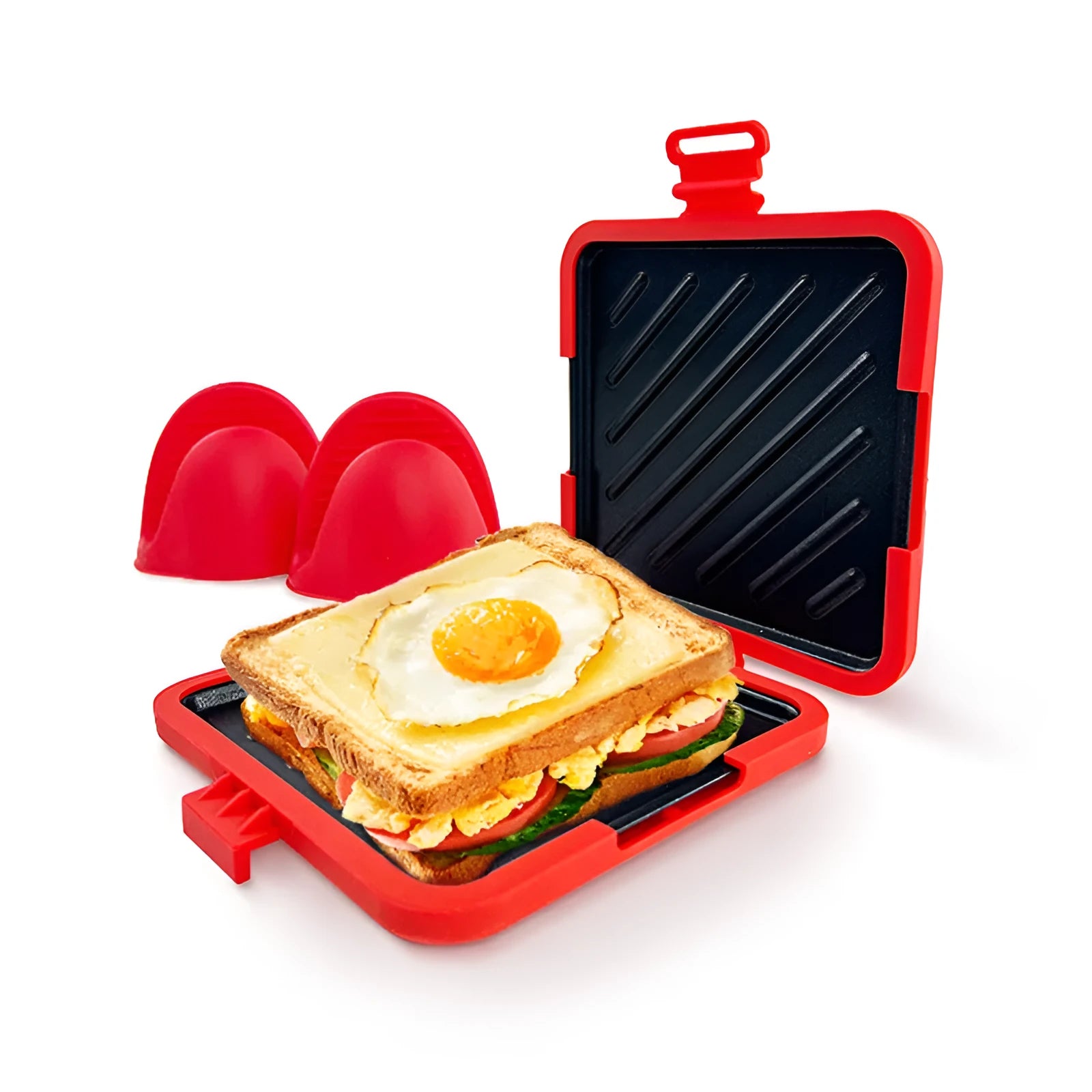 Red silicone baking tray with matching heat-resistant gloves for oven safety